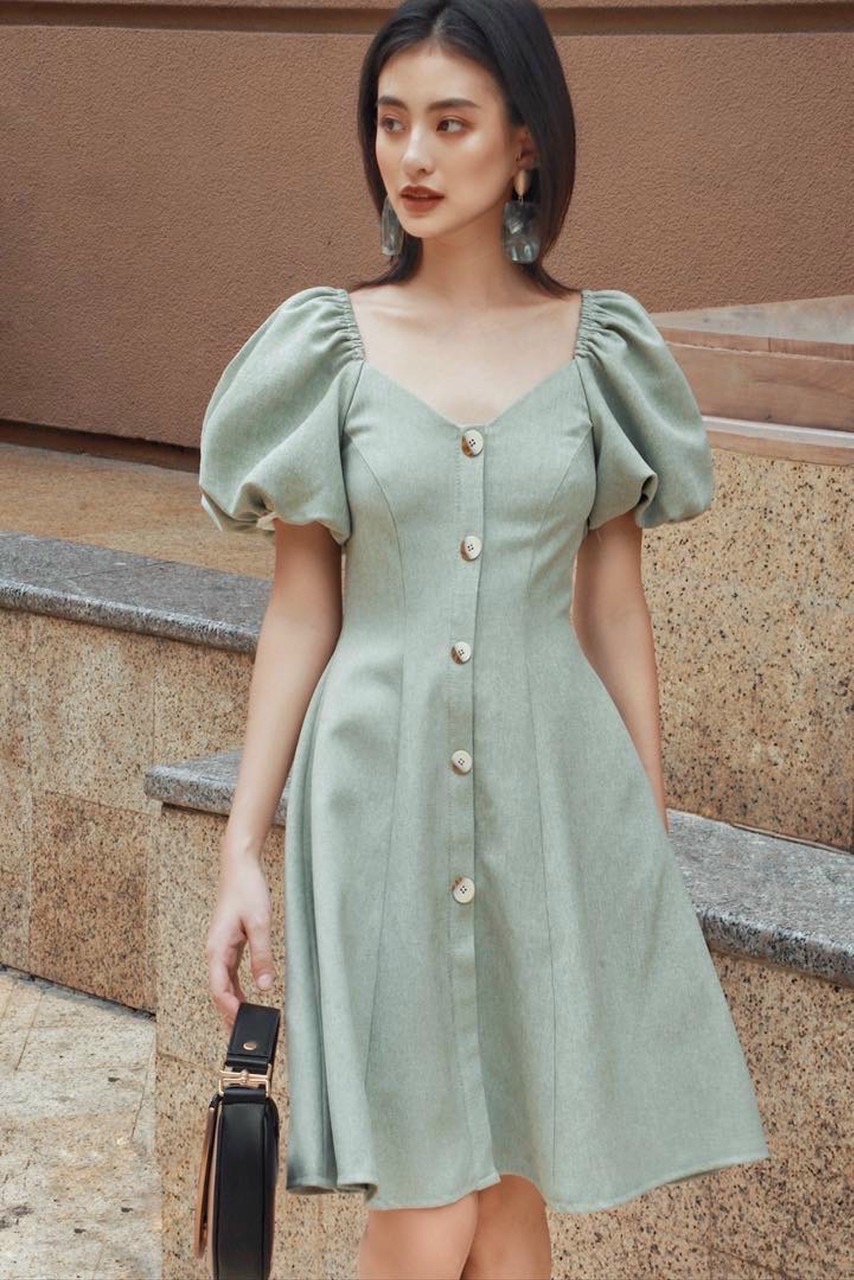 Đầm mint cổ V tay bo
