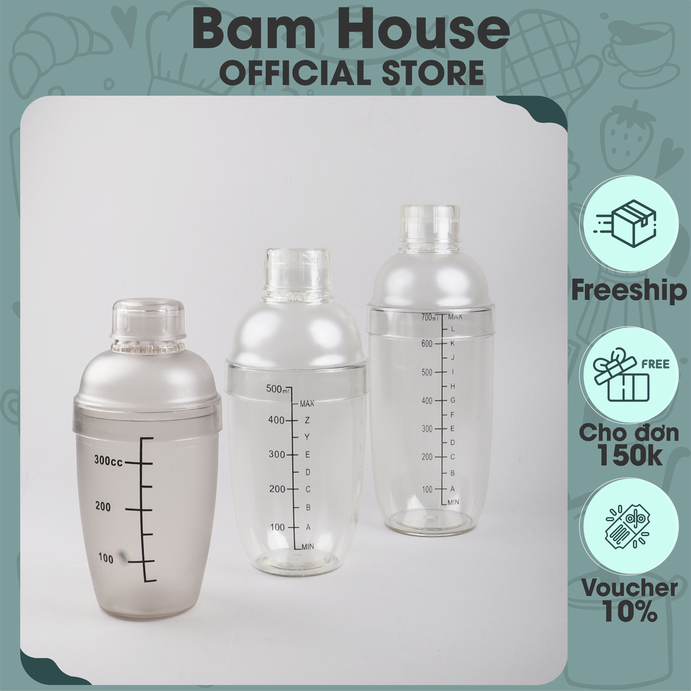 Bình lắc nhựa có vạch đong Bam House pha chế trà sữa và cocktail nhiều loại dung tích cao cấp BLN01 - Gia dụng bếp