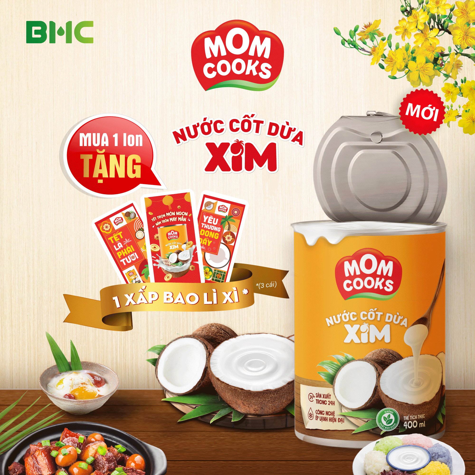 Nước Cốt Dừa Mom Cooks 400ml- Mua 1 Lon Tặng 1 Xấp Bao Lì Xì  1 Xấp 3 Cái