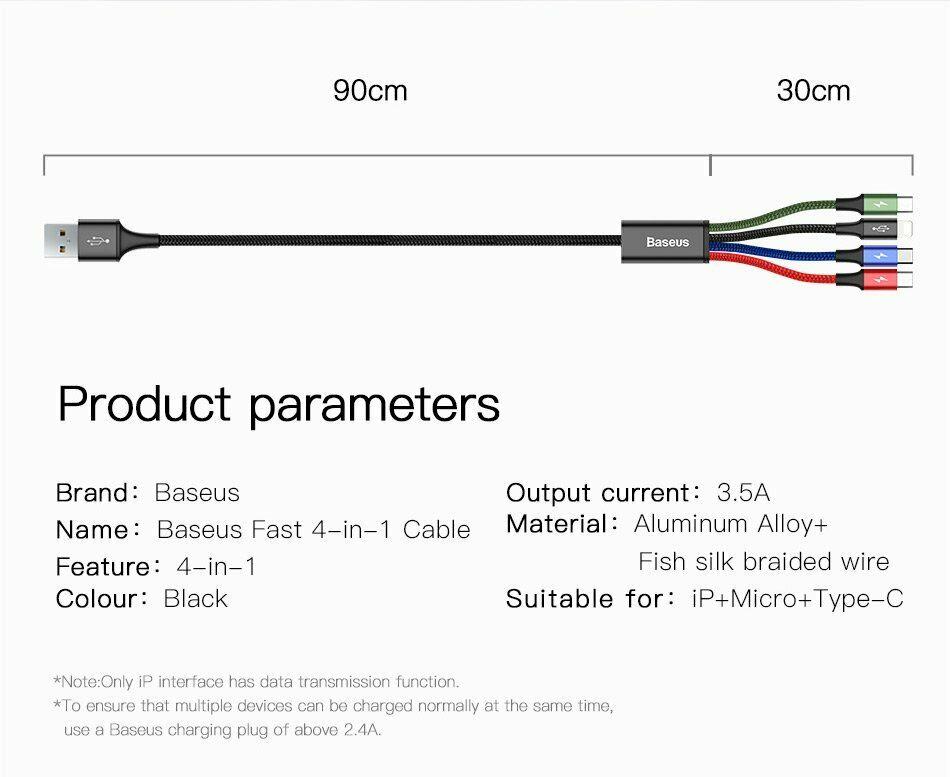 Baesus 4 in 1 Multi USB Charger Charging Cable Cord for iPhone Type C Micro USB