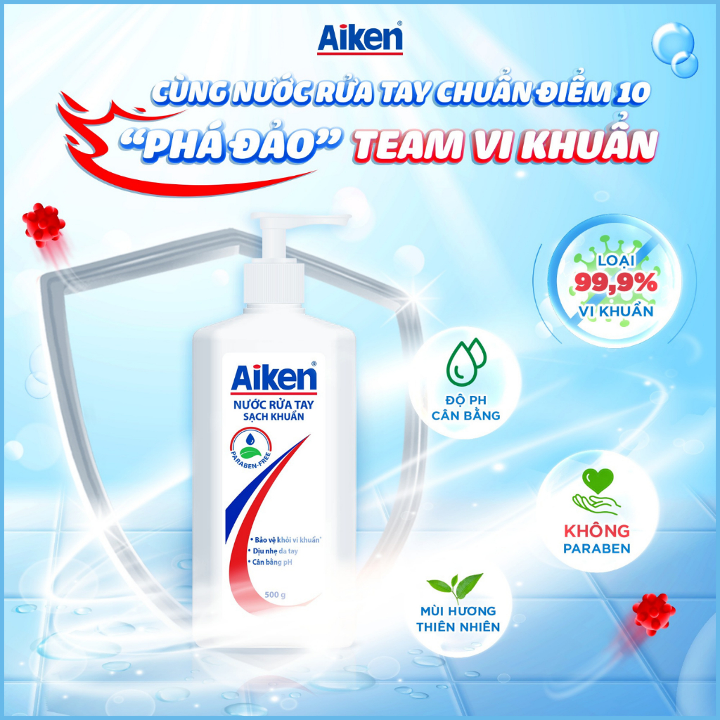 [HSD T9/2024] Nước Rửa Tay Aiken Sạch Khuẩn 500g (Tặng Gel Rửa Tay Aiken 100ml)