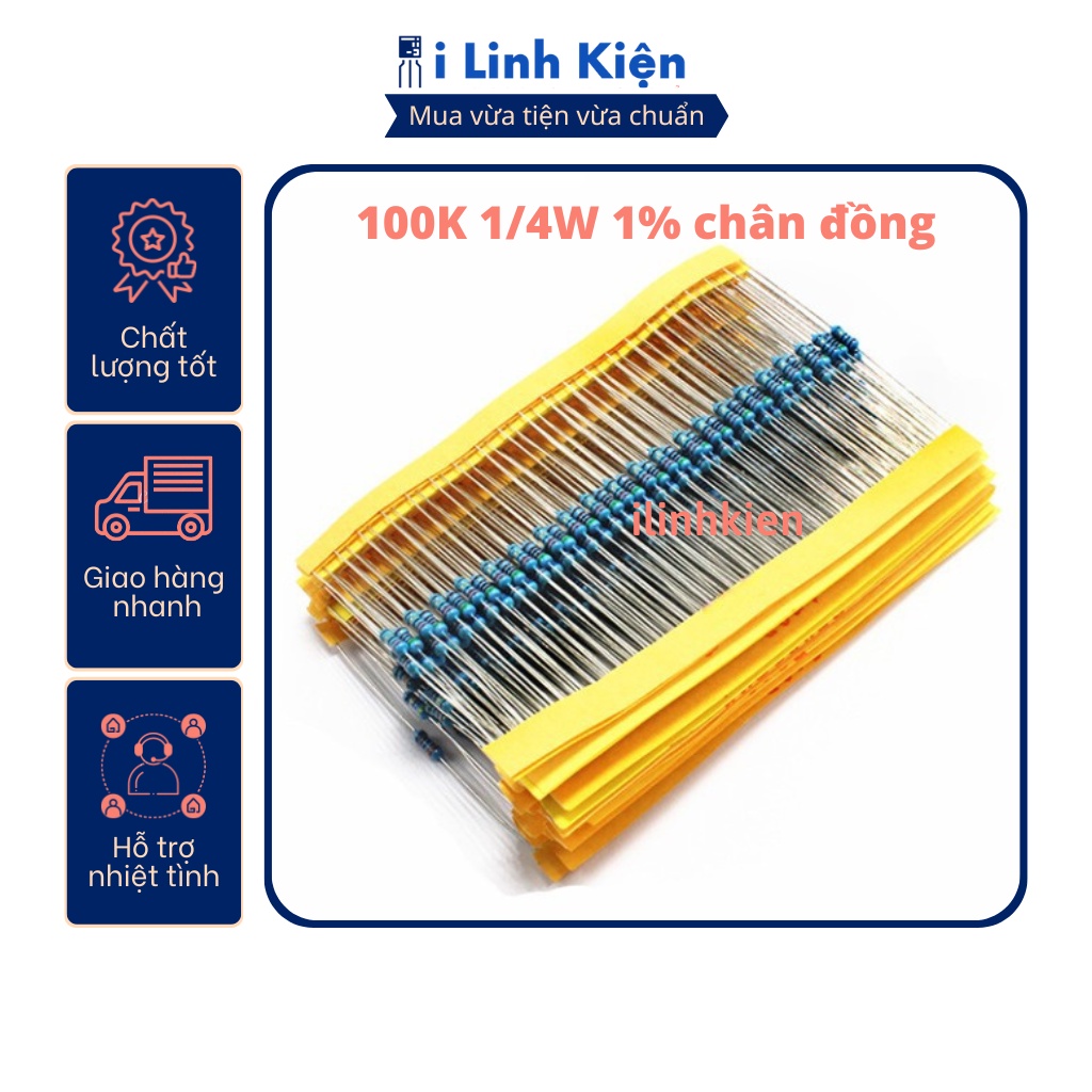 Điện trở vạch 1/4W 100K 1% chân đồng (50c)