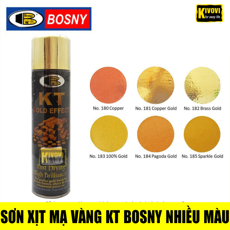 Sơn Xịt Mạ Vàng 18K 24K Bosny KT Màu 181 182 183 184 185 - Sơn Xe Máy - Bình Xịt Mạ Vàng Tạo Hiệu Ứng Gold - Kivovi