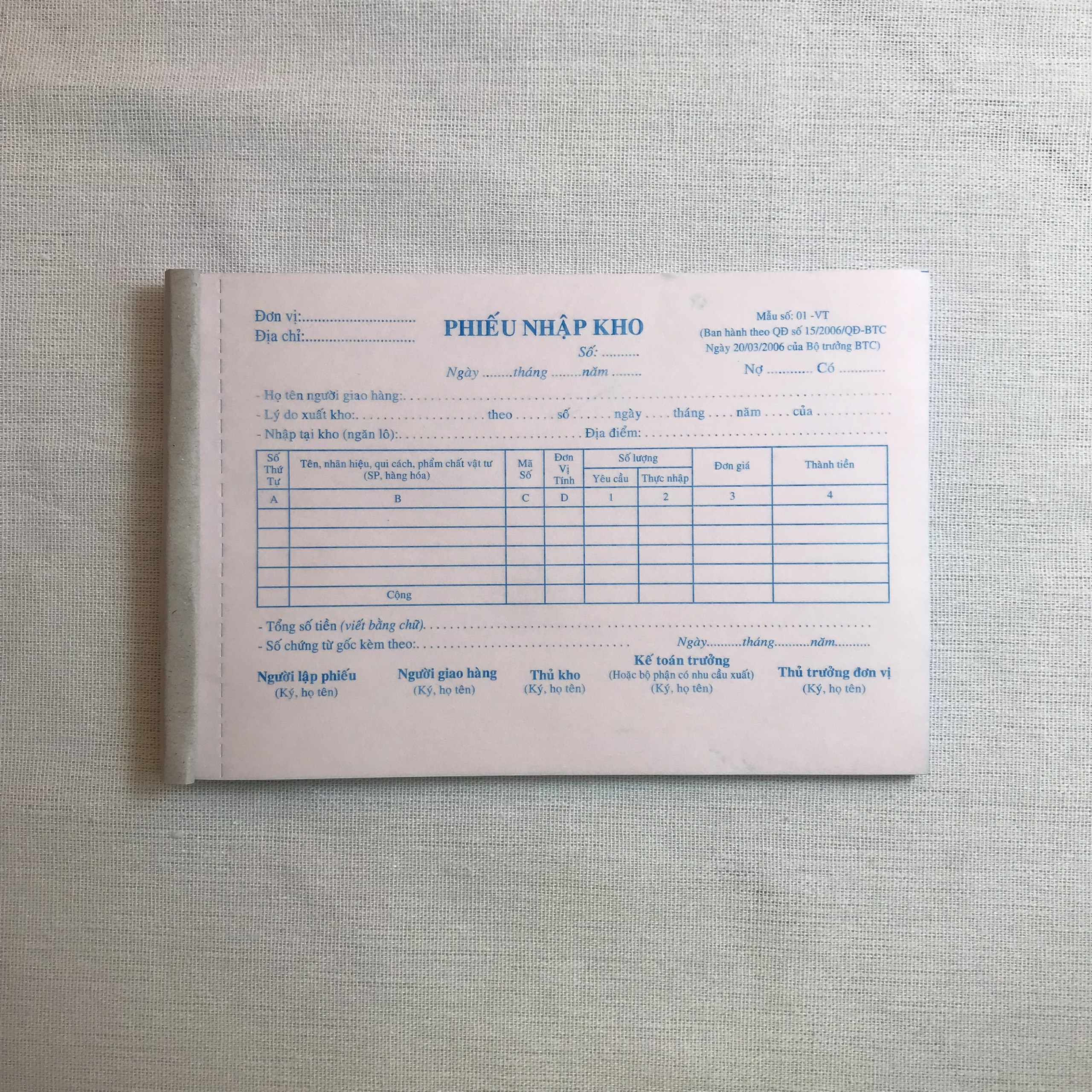 PHIẾU NHẬP KHO 2 LIÊN (NY)