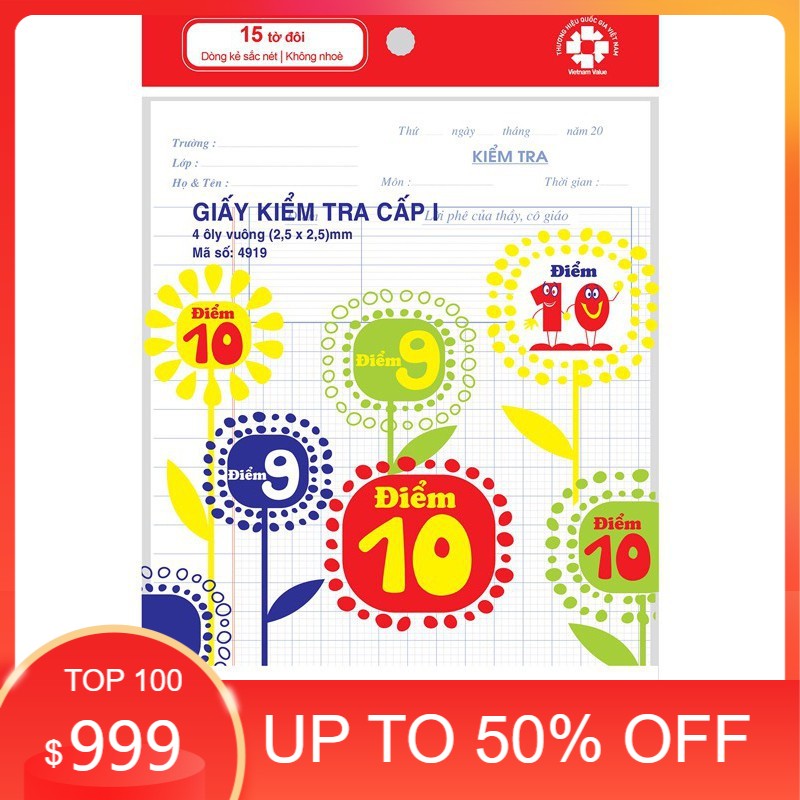 1 tập giấy kiểm tra điểm 10 hồng hà 15 tờ đôi