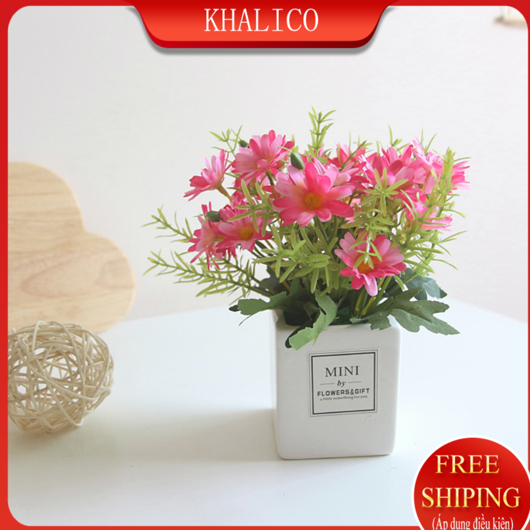 [FREESHIP] Hoa giả trang trí để bàn KHALIK, hoa cúc lụa, chậu bằng sứ MINI BY FLOWER - HF005  (nhiều màu lựa chọn)