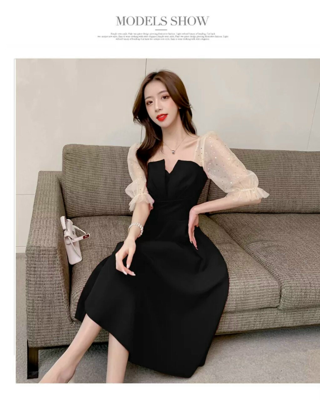 ĐẦM XẾP NGỰC PHỐI TAY LƯỚI KIM SA (CÓ MÚT NGỰC )
