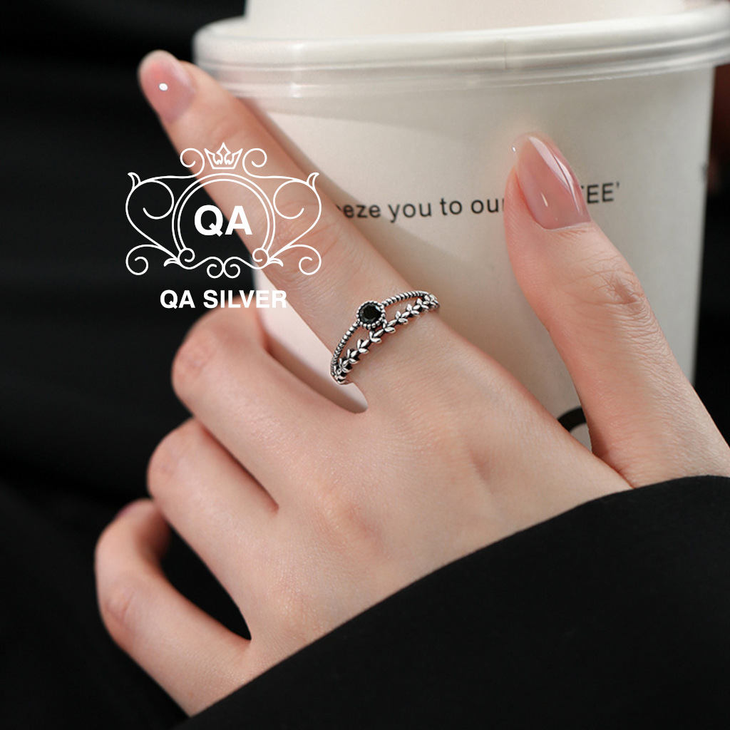 Nhẫn bạc 925 hai tầng mặt đá đen tròn lá nữ S925 LAYER QA SILVER Ring RI230503