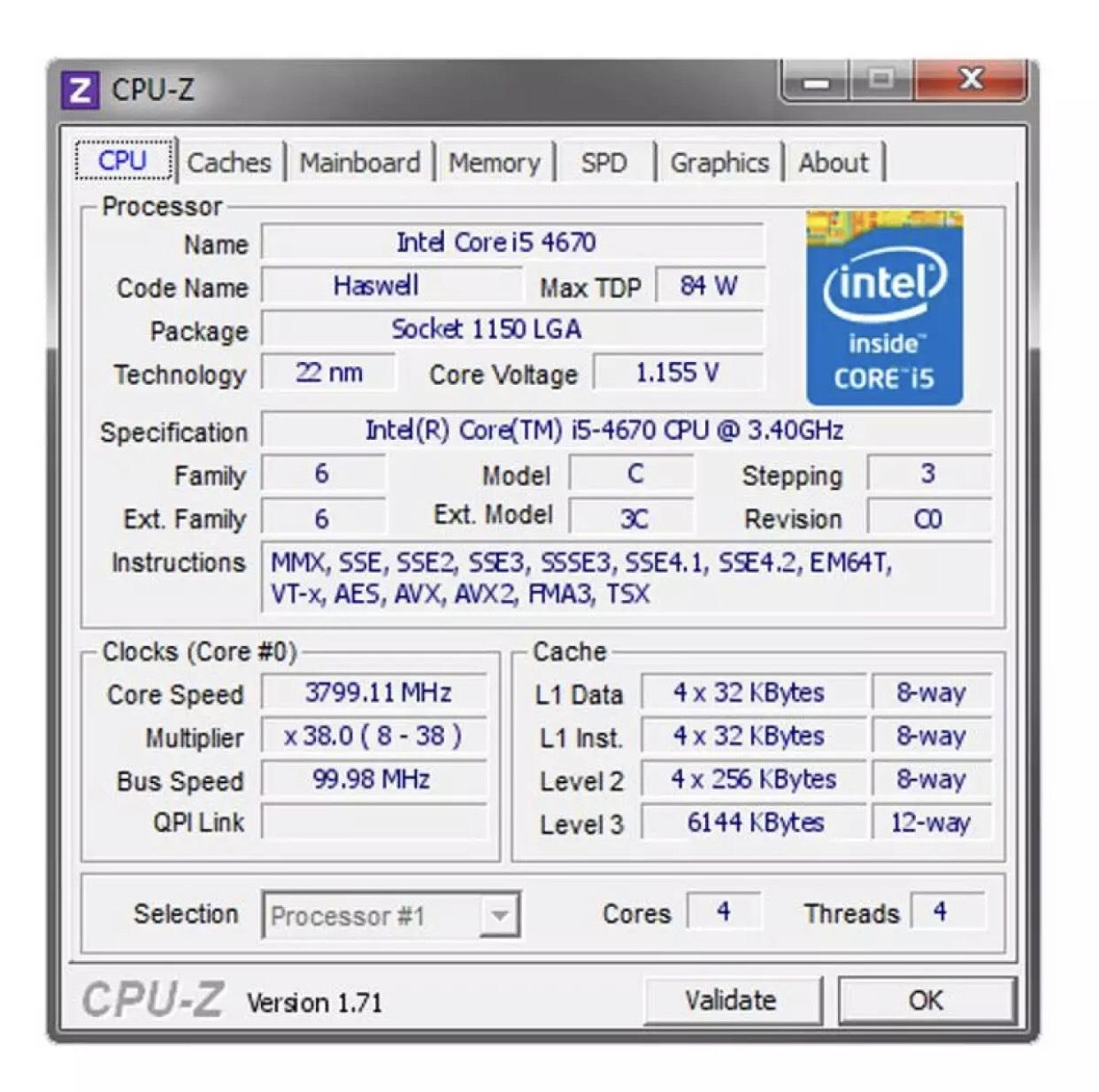 CPU Bộ vi xử lý Intel I5 4670 3.4 Ghz/1150