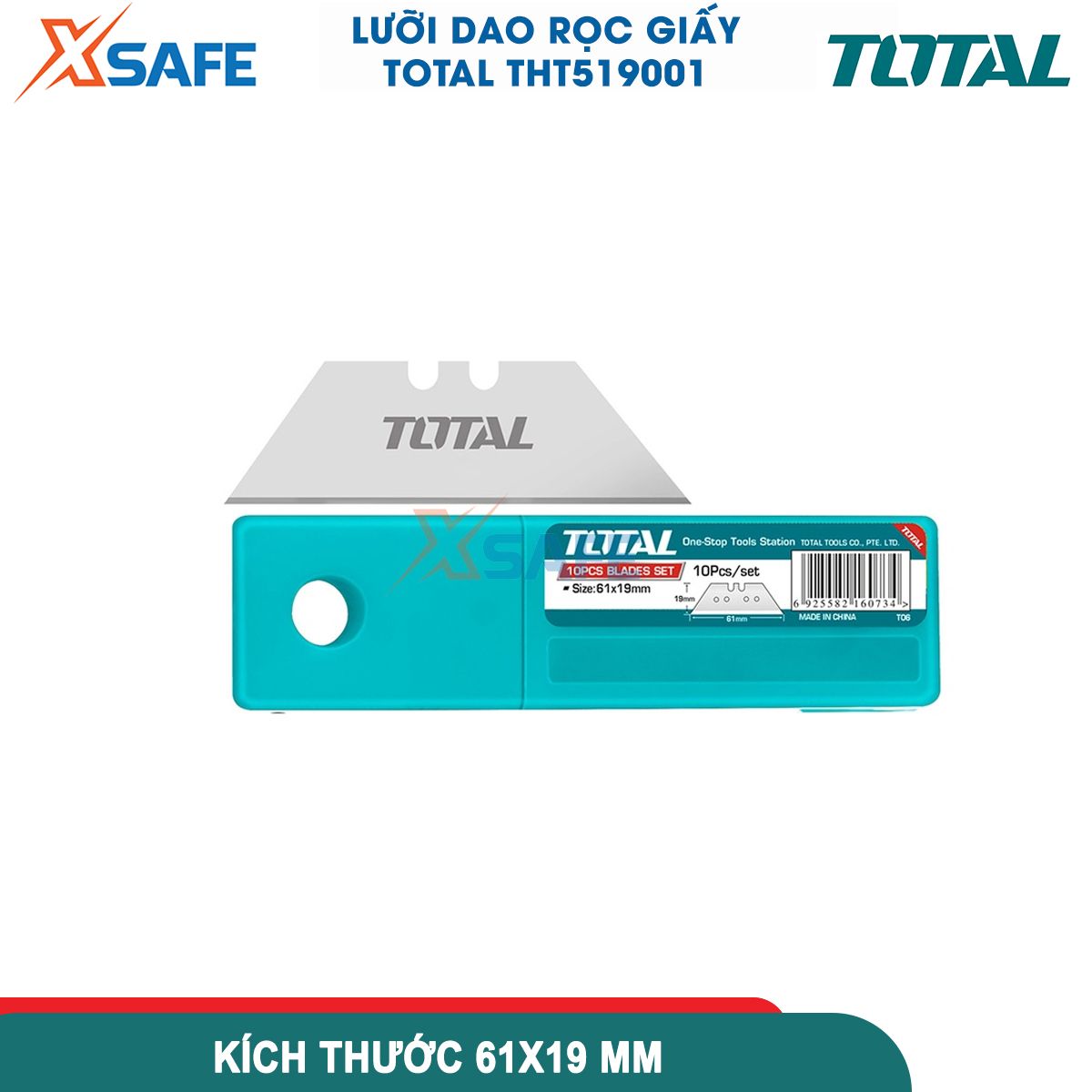 Bộ 10 lưỡi dao rọc giấy siêu bén TOTAL THT519001 kích thước 61X19mm bền chắc chống gãy cắt bìa caton decal giấy dán tường khắc gỗ, dùng được cho dao rọc giấy Total TG5126101 / THT5116118 / THT5126128 / THT5136236 / THT5136288