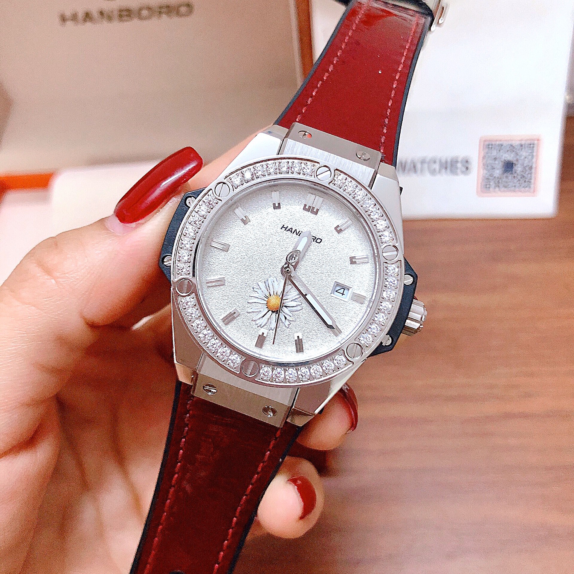 [HCM]Đồng Hồ Hanboro By Huboler Nữ Dây Da Silicon Nâu 36mm Silver