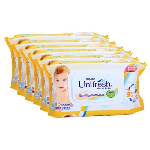 [FREESHIP] Combo 6 gói khăn ướt không mùi Unifresh Vitamin E - Khăn ướt trẻ em (80 miếng/gói)