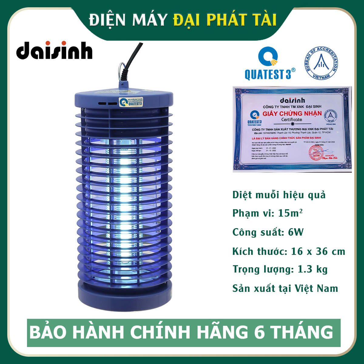 [HCM]Đèn bắt muỗi và diệt côn trùng Đại Sinh DS-D6 Xanh