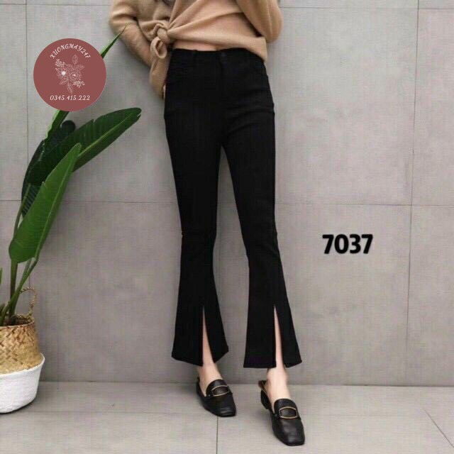 Quần bò giấy ống loe xẻ gấu trước cạp cao siêu tôn dáng-CHM