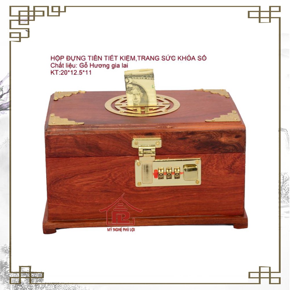 Hộp đựng tiền tiết kiệm khóa số gỗ hương gia lai