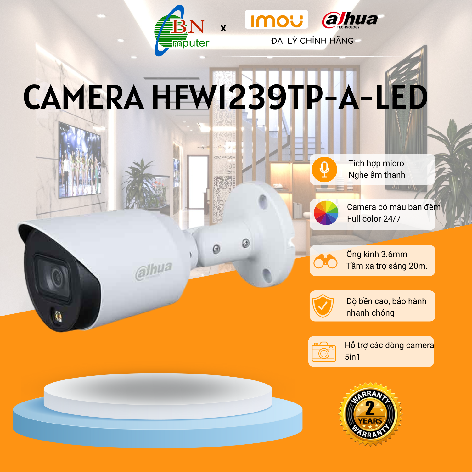 Camera quan sát Dahua HDCVI DH-HFW 1239TP-A-LED màu ban đêm có mic