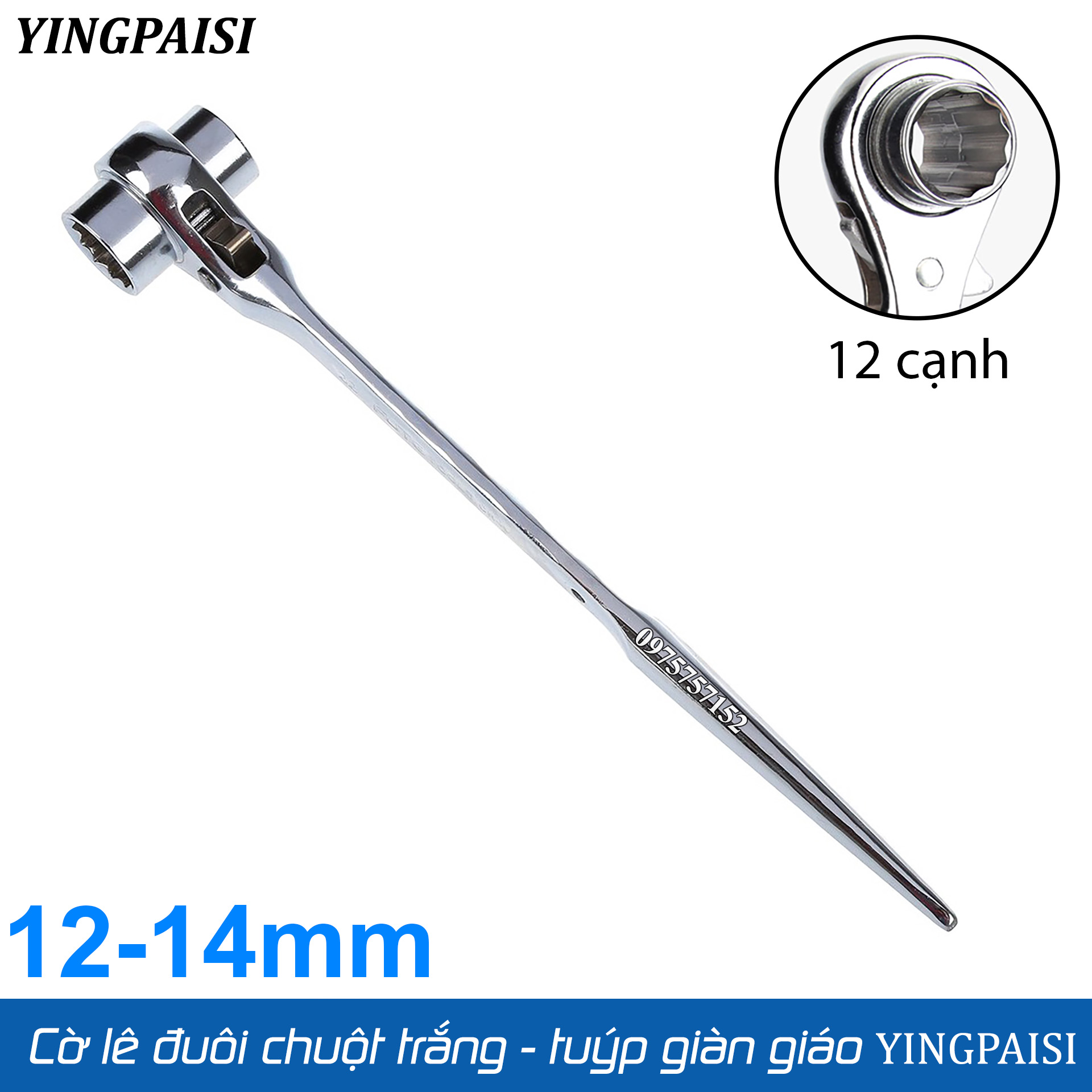 Cờ lê đuôi chuột trắng 12-14 mm, cờ lê giàn giáo tự động YINGPAISI thép trắng CR-V, tuýp giàn giáo đa năng 2 đầu, công tắc đảo chiều nhanh (Màu trắng)