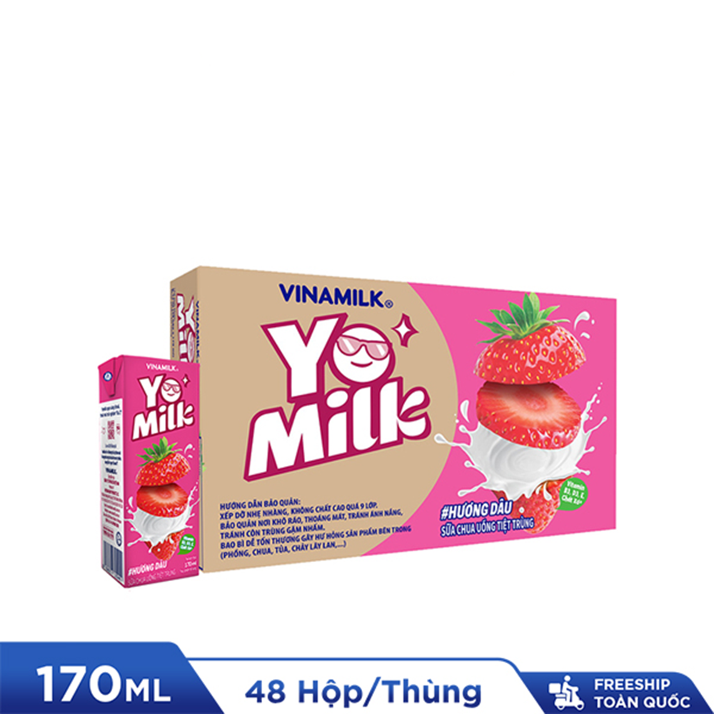 2 Thùng sữa chua uống hương dâu Yomilk - hộp giấy x 170ml 48 hộp thùng