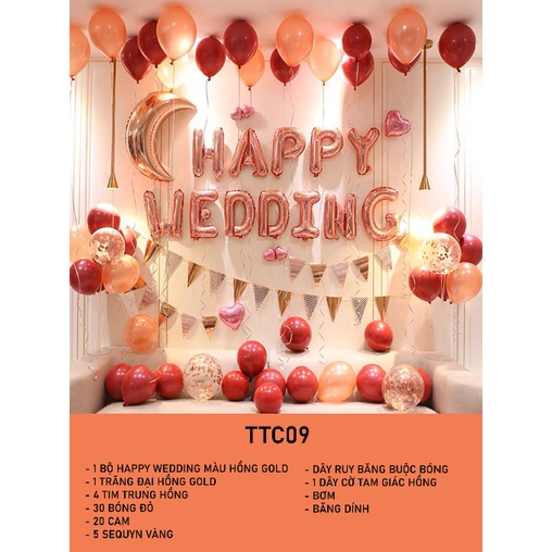 Sét bóng happy wedding trang trí phòng cưới tone hồng ros hot
