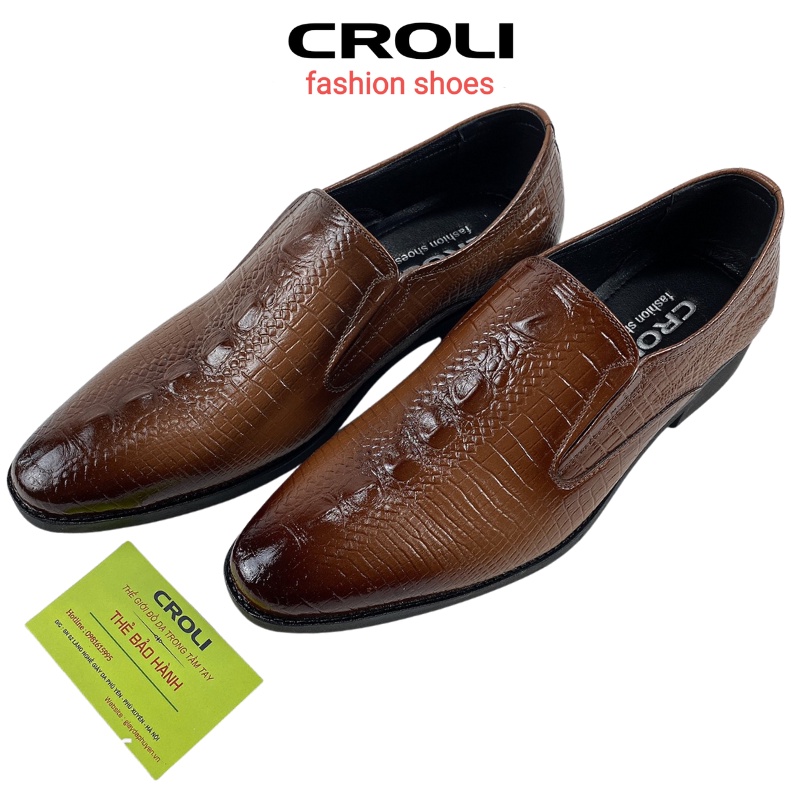 Giày da nam công sở CROLI giày lười nam da bò cao cấp dập vân cá sấu GS01