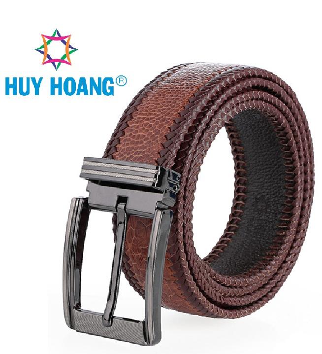 TH4469 Thắt lưng nam da đà điểu  đan viền đầu kim màu nâu đỏ