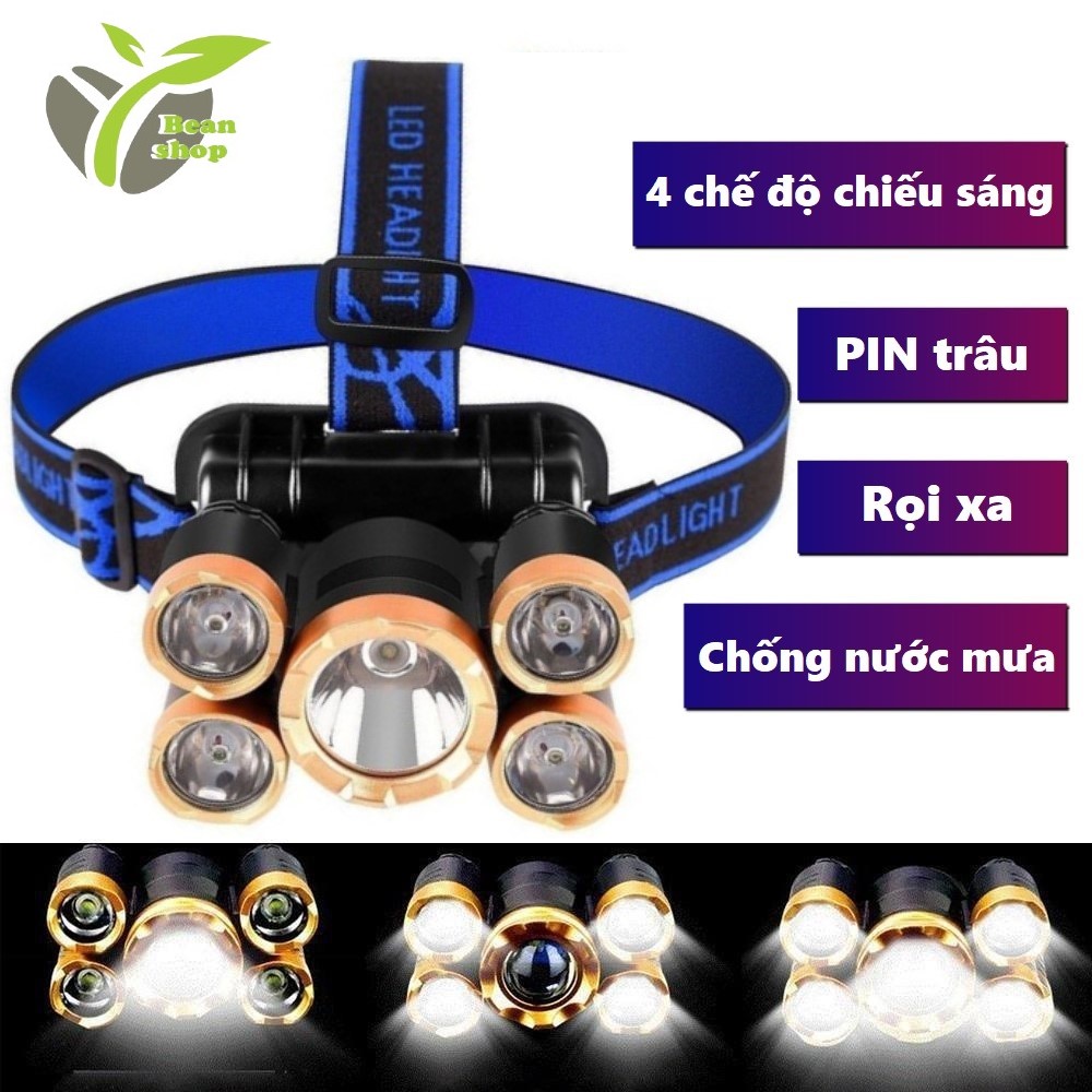 Đèn pin đội đầu 5 bóng siêu sáng t6, đèn pin rọi xa đa dụng 4 chế độ