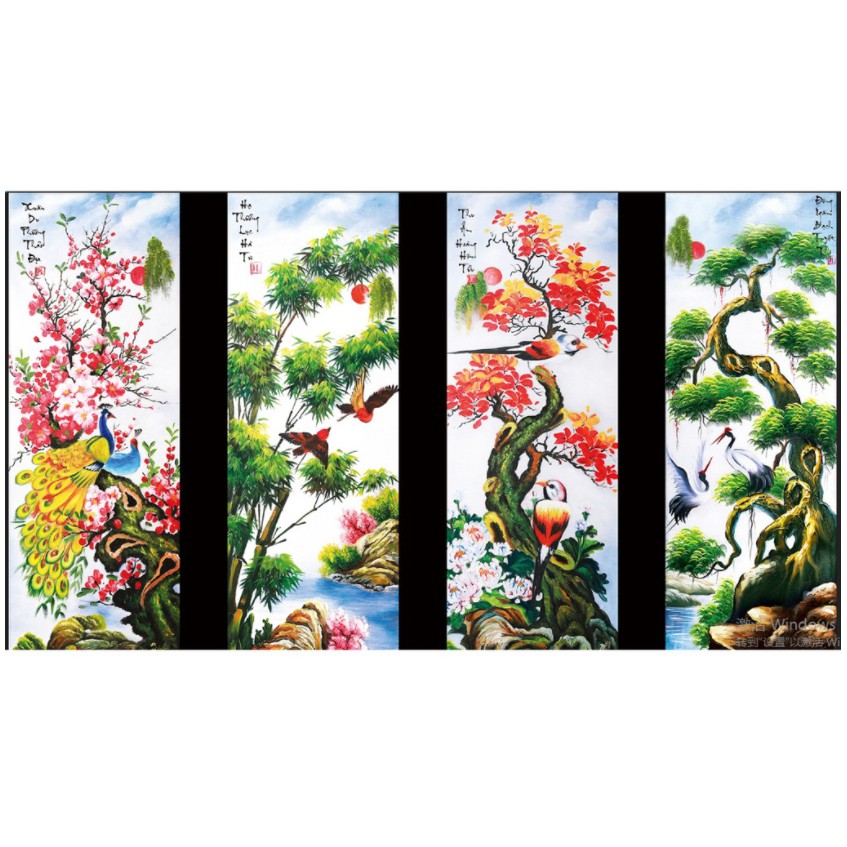 Tranh Đính Đá TỨ QUÝ TÙNG CÚC TRÚC MAI. Kích Thước: 1m21 x 75cm
