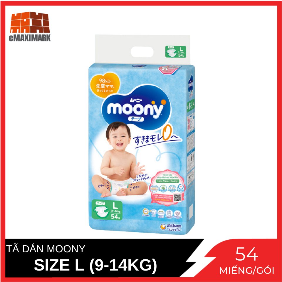 Tã Dán Moony Cao Cấp Size L (9 - 14kg) (Xanh) Gói 54 Miếng