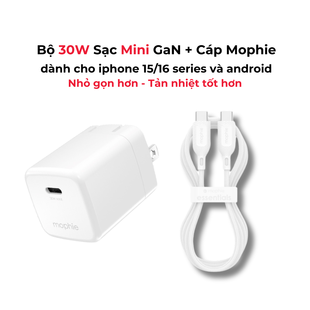 Combo sạc nhanh Mophie PD 30W cho iPhone/iPad (Sạc Mophie Essentials PD 30W USB-C và Cáp Mophie Essentials USB-C to USB-C 1m)