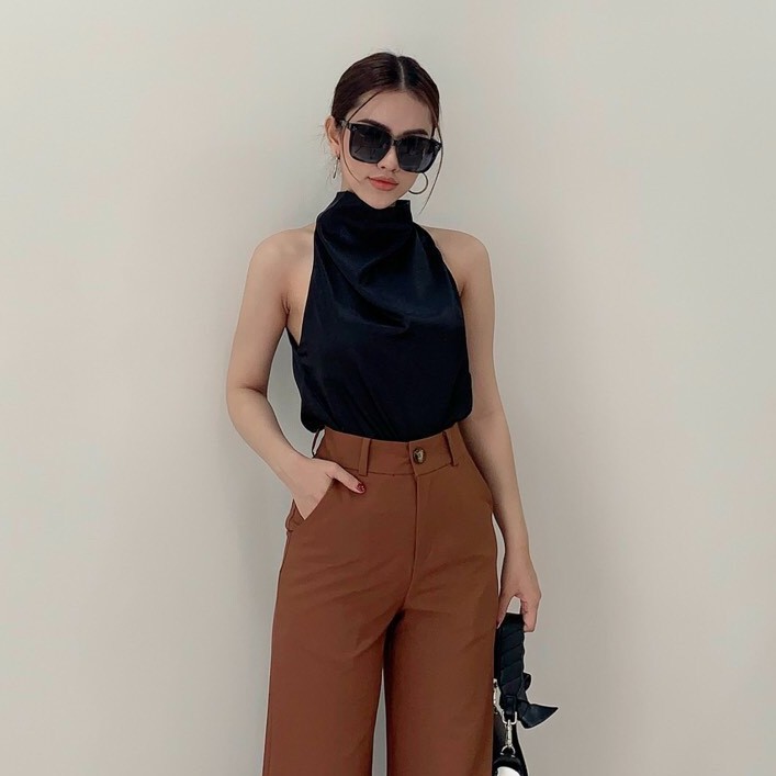 [Có sẵn] Áo lụa satin cổ yếm cao sang chảnh (có ảnh thật)
