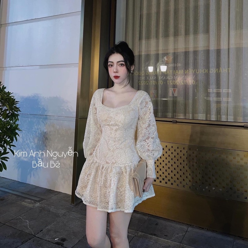 (Có bigsize) Đầm ren tay phồng cúp dự tiệc