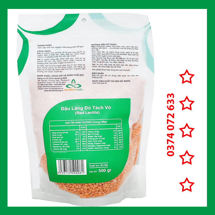 500gr Đậu Lăng Đỏ Tách Vỏ Ấn Độ