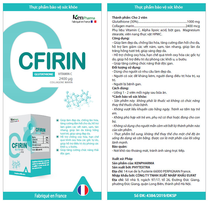 cfirin glutathione vitamin c Viên uống trắng da CFIRIN Pháp - Bổ sung Glutathione vitamin C hạn chế quá  trình oxi hóa hỗ trợ giảm nám sạm da tàn nhang làm sáng da