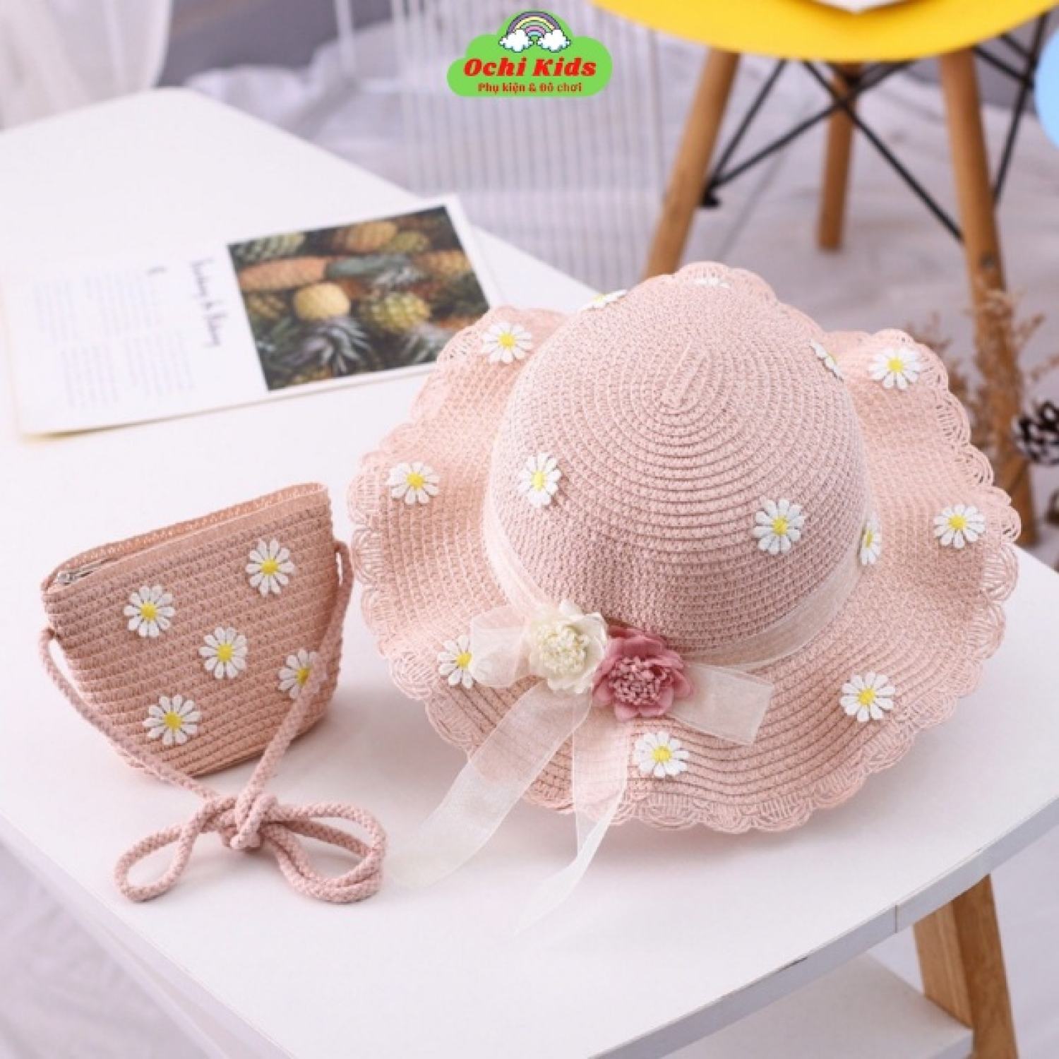Set mũ cói kèm túi xách đeo chéo đính hoa cho bé gái, bộ túi nón cói bé gái 2 - 9 tuổi
