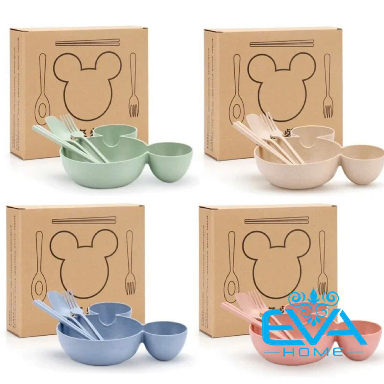 Bộ Chén Bát Ăn Dặm Hoạt Hình 3 Ngăn Kèm Đũa Muỗng Nĩa Cho Bé Chất Liệu Nhựa Lúa Mạch An Toàn Chịu Nhiệt Cao