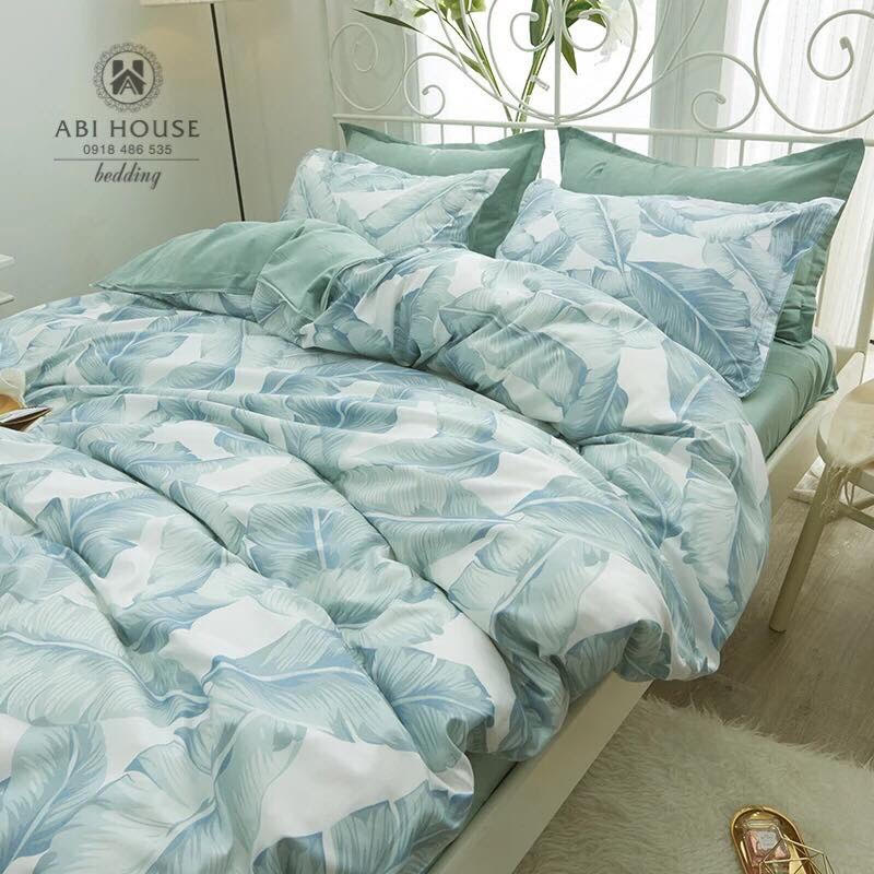 Bộ chăn ga gối phong cách Hàn Quốc lá chuối + ruột chăn hè.