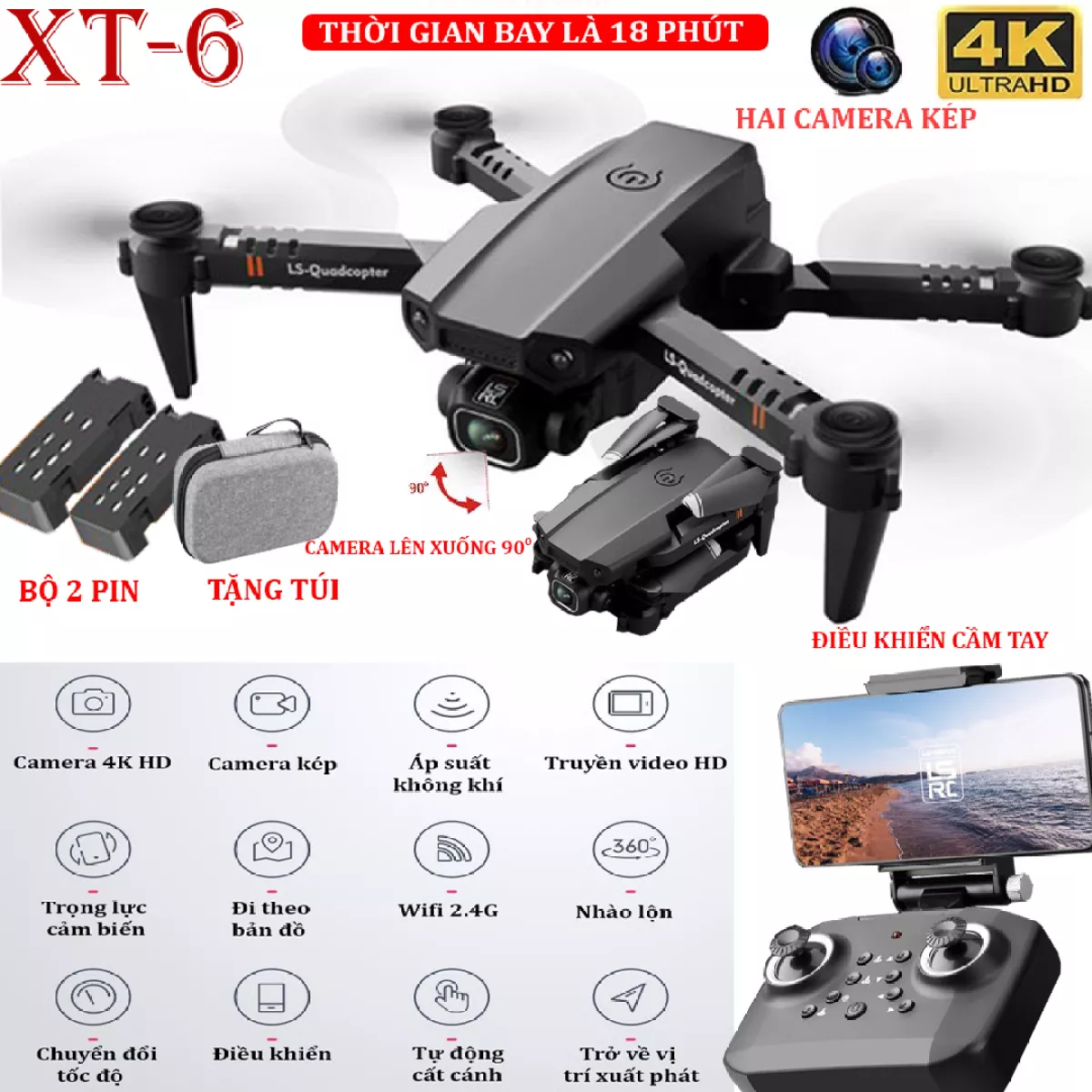 Flycam drone mini LS-XT6, Máy bay flycam 4 cánh điều khiển từ xa 4K chống rung quang học, Camera wifi sắc nét 720P, Giá rẻ hơn flycam 4k s167, l900 pro, l106 pro, SJRC F11 Pro, SE, Faith 2, Bugs 16 Pro, KF101, SG 108, Mavic 2 Pro, SG700, FS609