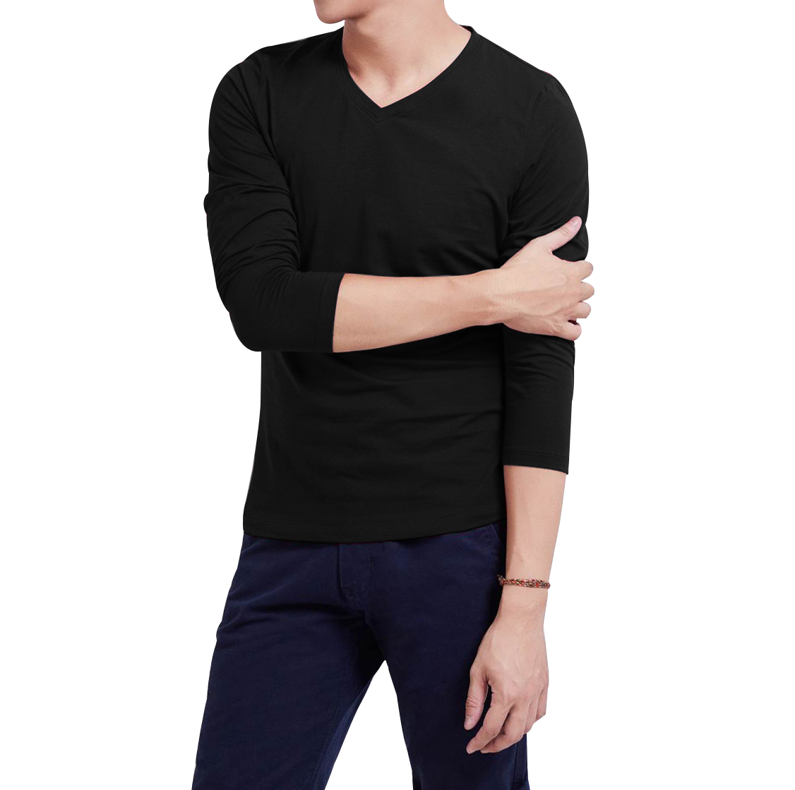 Áo thu đông vải cotton màu đen cổ tim lịch lãm