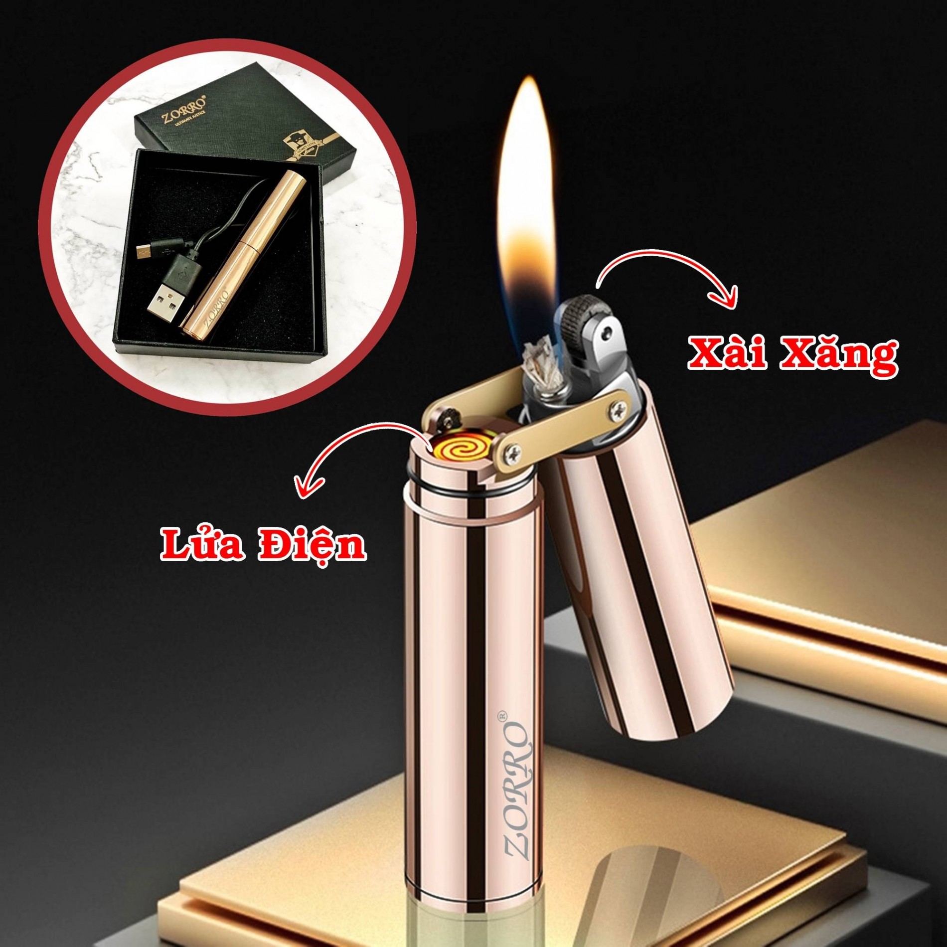 BẬT LỬA ZORRO CÔN NHỊ KHÚC 2 CHẾ ĐỘ LỬA (CHIẾT HOẢ TỬ + XĂNG ĐÁ) (FULLBOX) - (SẠC ĐIỆN - XÀI XĂNG) VÀNG, ĐEN,BẠC