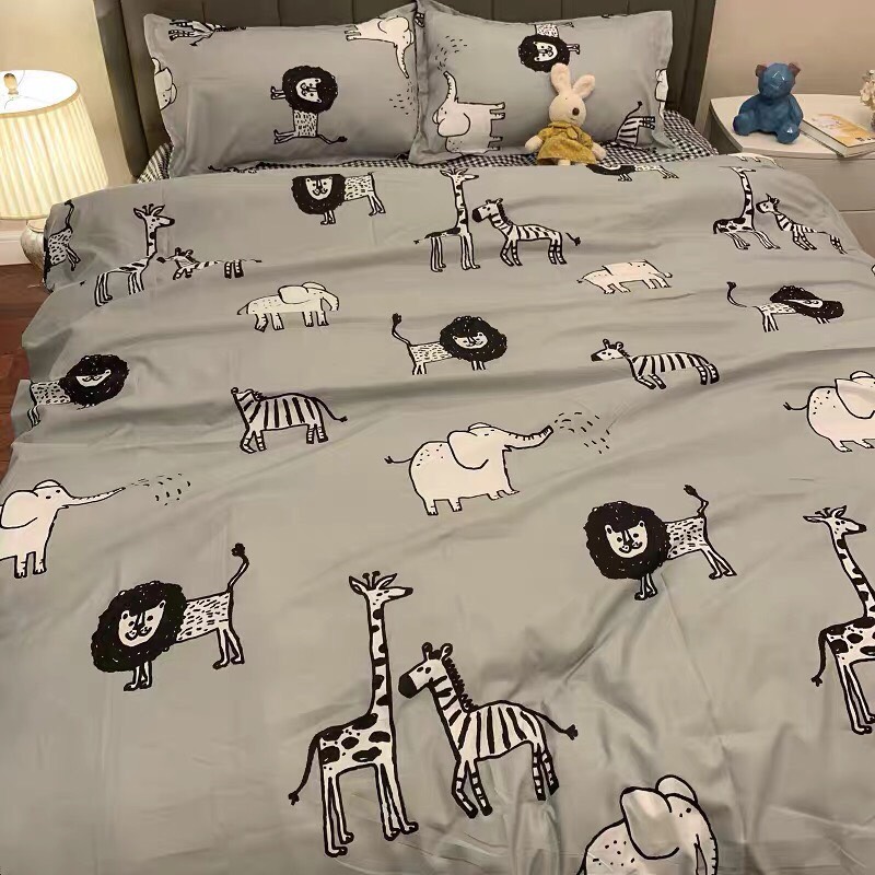 Trọn Bộ 4 Món Chăn Ga Gối Cotton Poly Nhập Mẫu HƯƠU CAO CỔ XÁM