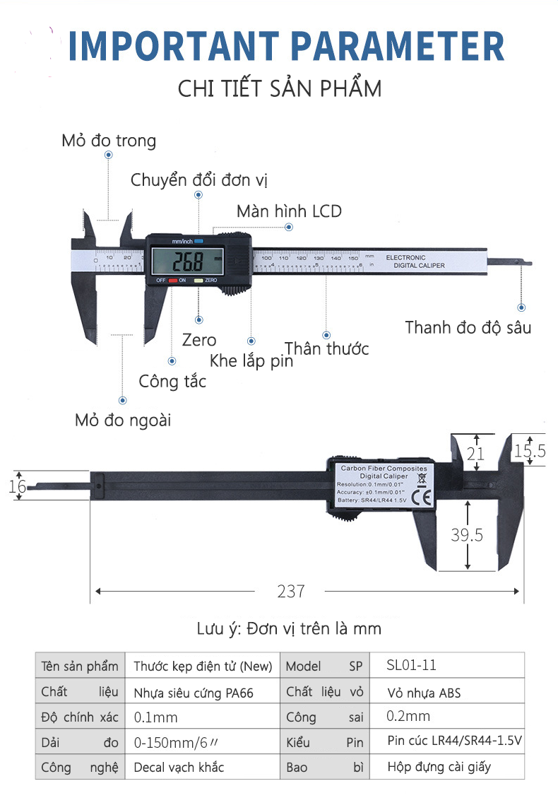 Thước đo điện tử kỹ thuật số 15cm