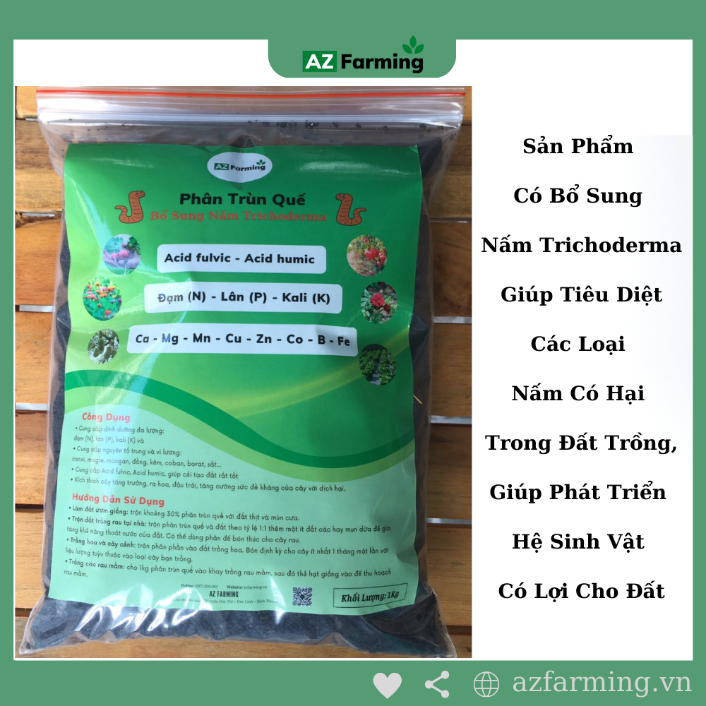 Phân Trùn Quế Hữu Cơ Bổ Sung Nấm Trichoderma - Gói 1kg - AZ Farming