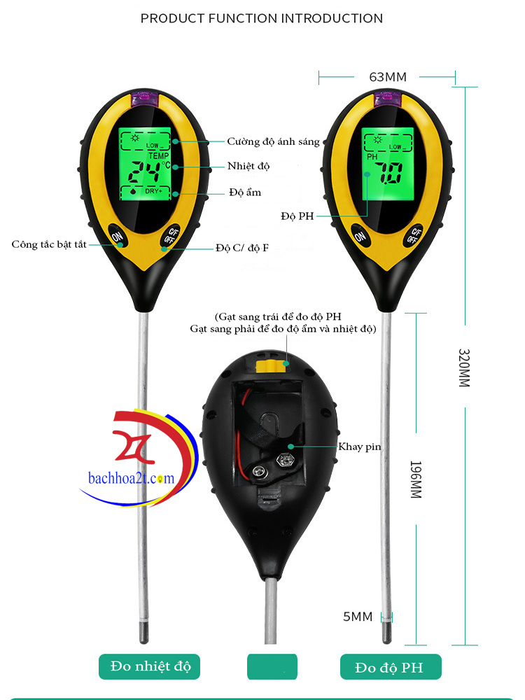 Máy đo độ PH trong đất 4in1( PH, nhiệt độ, độ ẩm và ánh sáng)