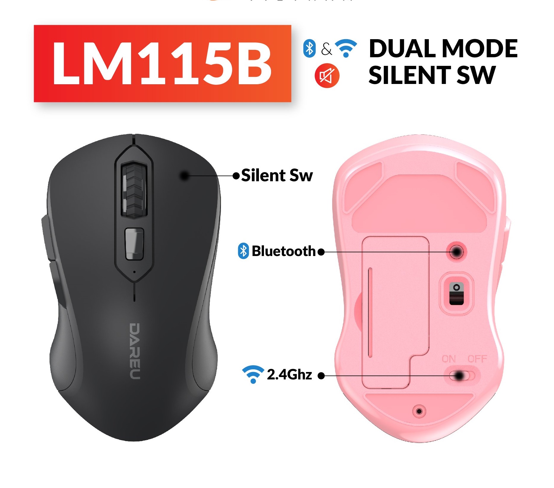 Chuột không dây Dareu LM115B Bluetooth 5.0 + Wireless 2.4GHz  Silent Switch