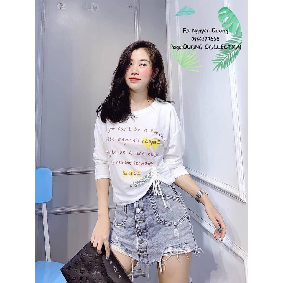 Áo thun lụa in chữ trước rút 1 bên eo cá tính TTKX0260