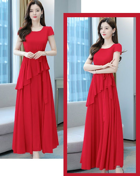 Long Stuffed Dress with Ruffled Hem and Tie-Waist