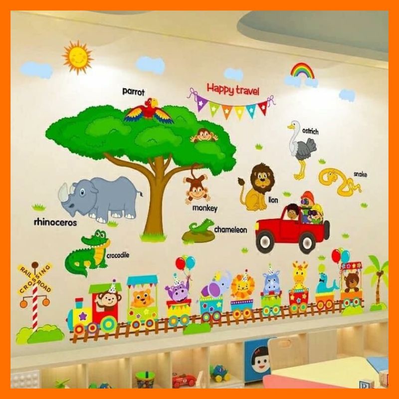 Decal dán tường thú tiếng anh và đoàn tàu( tranh ghép)