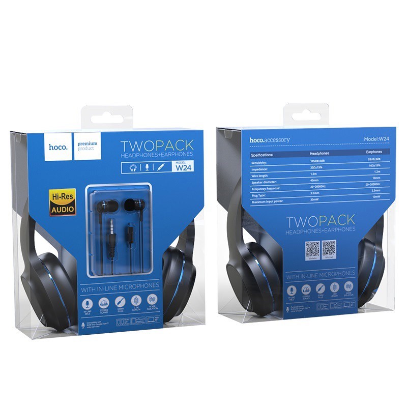 Tai nghe chụp tai Hoco W24 có dây tặng kèm tai nghe 3.5