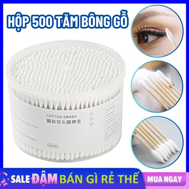 Hộp 500 Tăm bông thân gỗ 2 Đầu Người Lớn 2 Đầu Tròn Và Dẹp Kháng Khuẩn Được Làm Từ Bông Tự Nhiên  /  Hộp bông tăm 500 que ngoáy tai 2 đầu an toàn khi sự dụng