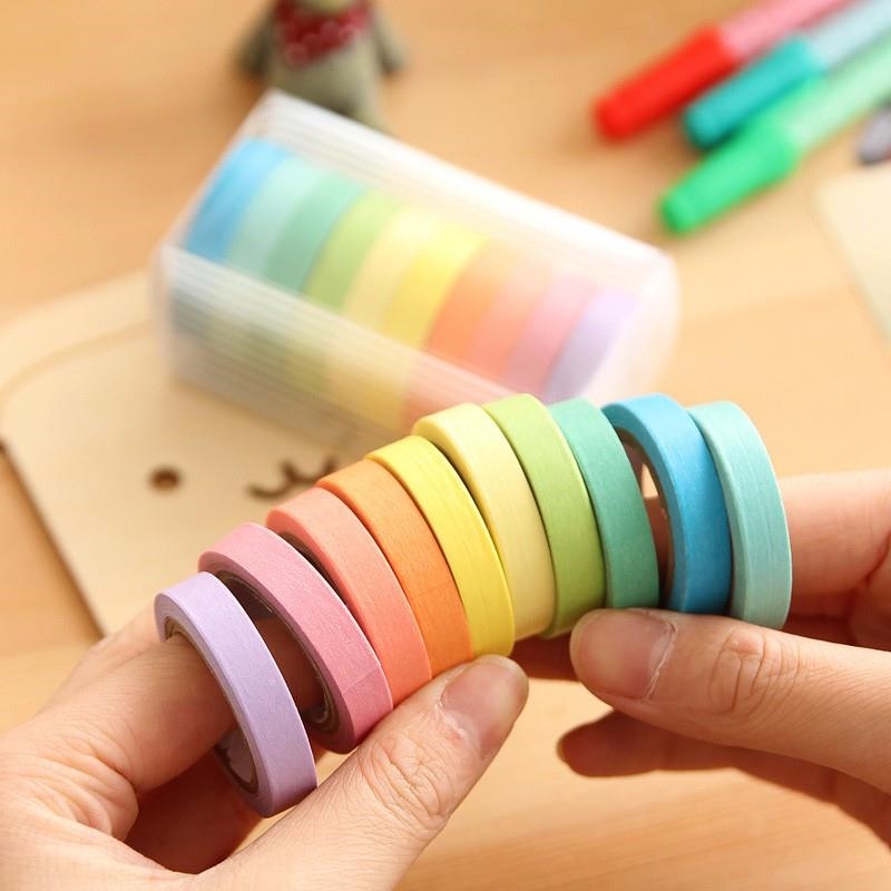 10 Pcs/Set Rainbow Solid Color Masking Washi Sticky Paper Tape Adhesive Scrapbooking Deco Masking Washi Tape Solid Color Masking Tape Diary Scrapbooking DIY Decoration Washi Tape Basis Colourful Slim Masking Tape Set Planner Washi Tape Scrapbooking